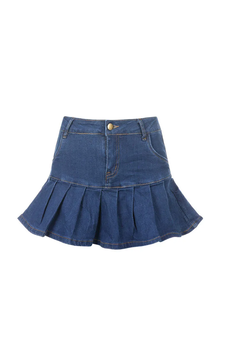 QE424 Pleated Denim Mini Skirt