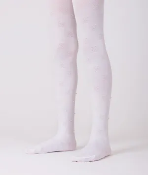 White Butterfly Kids Tights with Pearls